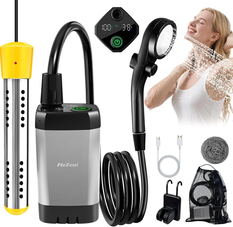 FizZeal Portable Shower With Heater,Portable Shower For Camping With 2000W Auto-Off Heater,4 Spray Modes,Lasting 140 mins,LED Display,Portable Shower Pump,Outdoor Shower For Camping,Hiking,Travel,Car,Pet - Image 1